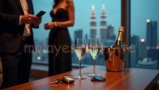 Couple celebrating with champagne and car keys, city skyline view