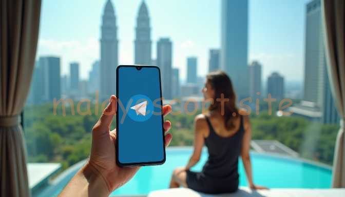 Hand holding Telegram app on phone with city skyline background