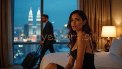 Couple in luxury hotel room with city skyline at night