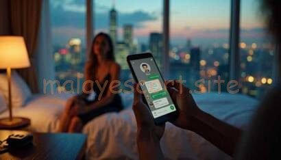 Couple in hotel room texting on phone with city view