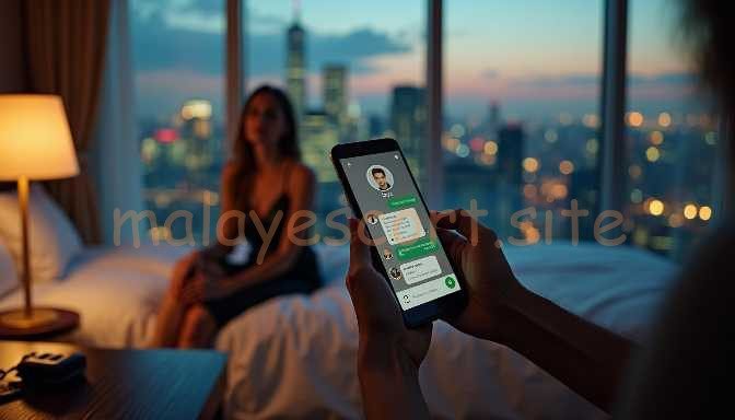 Couple in hotel room texting on phone with city view