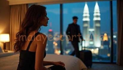 Woman in hotel room with city skyline view and man with suitcase