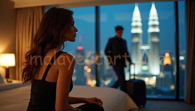 Woman in hotel room with city skyline view and man with suitcase