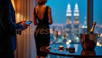 Champagne glasses and bottle in ice bucket on table, man holding phone, woman in evening dress in background