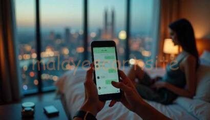 Woman texting on phone in hotel room with city view at dusk