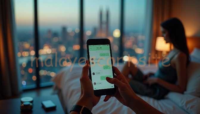Woman texting on phone in hotel room with city view at dusk