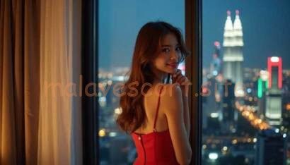 Woman in red dress by window with city skyline at night