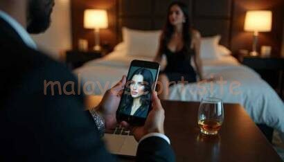 Man on phone showing photo of woman in hotel room with whiskey