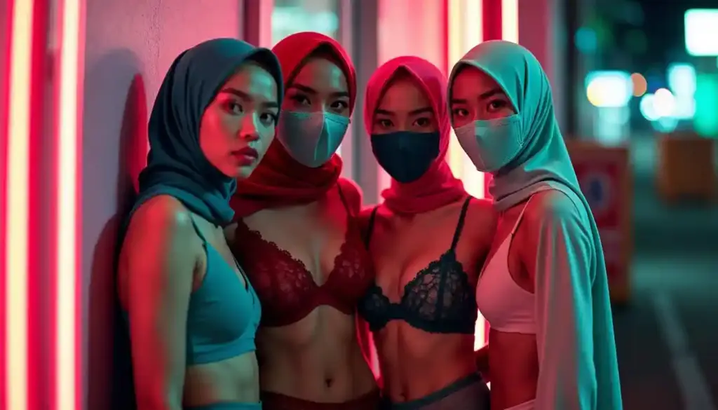 Four young women in hijabs and face masks pose in neon-lit urban setting