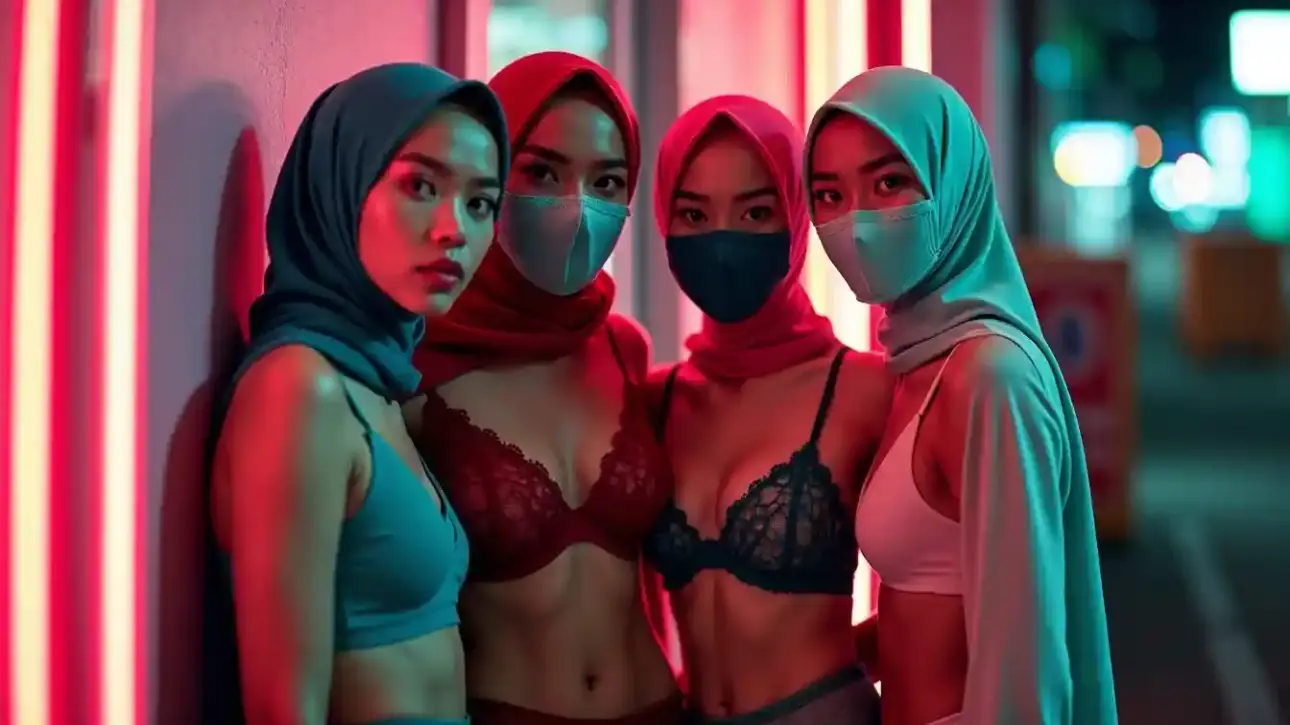 Four young women in hijabs and face masks pose in neon-lit urban setting