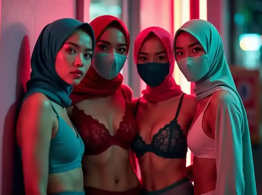 Four young women in hijabs and face masks pose in neon-lit urban setting