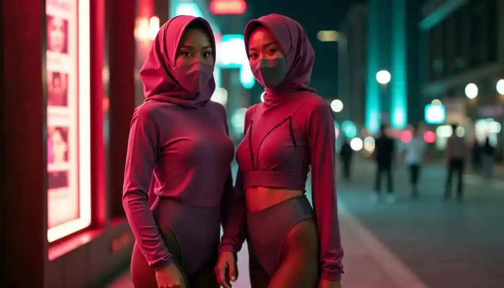 Two women in purple hijabs and masks stand on a neon-lit city street at night.