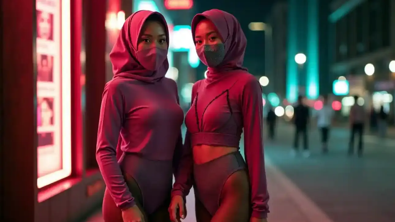 Two women in purple hijabs and masks stand on a neon-lit city street at night.