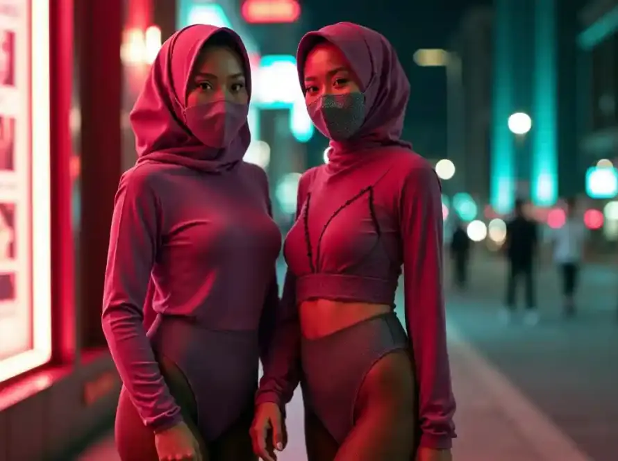 Two women in purple hijabs and masks stand on a neon-lit city street at night.