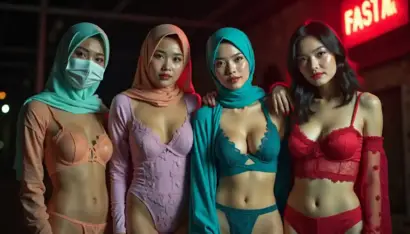 Four women in lingerie and hijabs, one wearing a mask, stand together.