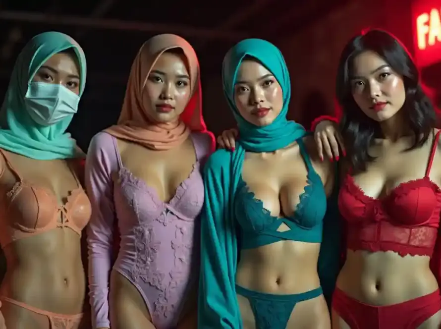 Four women in lingerie and hijabs, one wearing a mask, stand together.