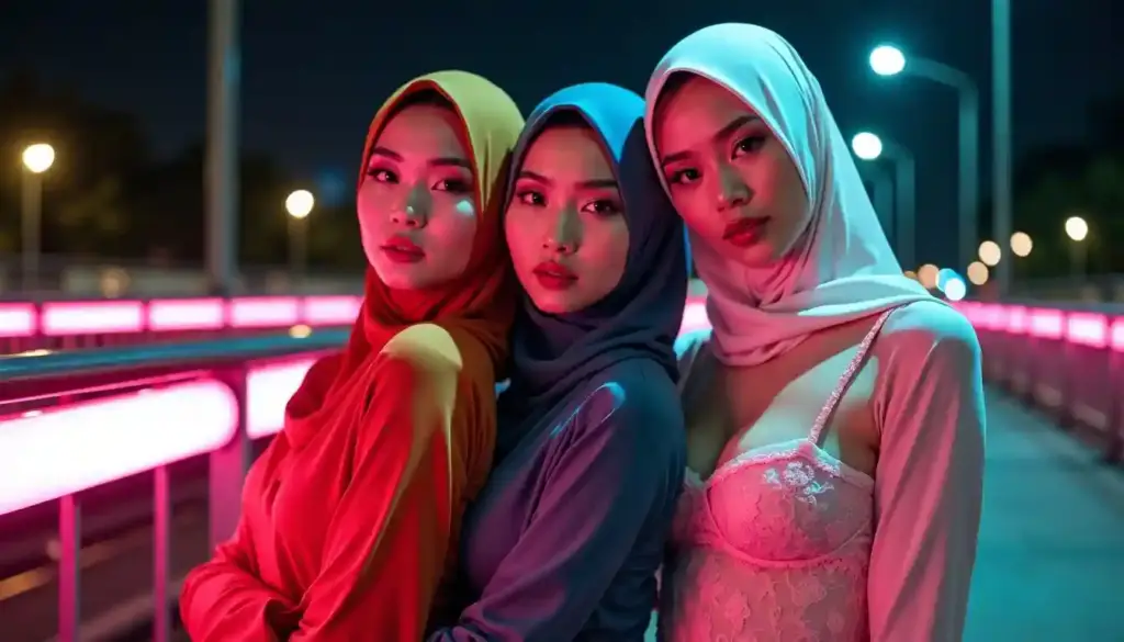 Three young women in colorful hijabs posing at night on a bridge with neon lights.