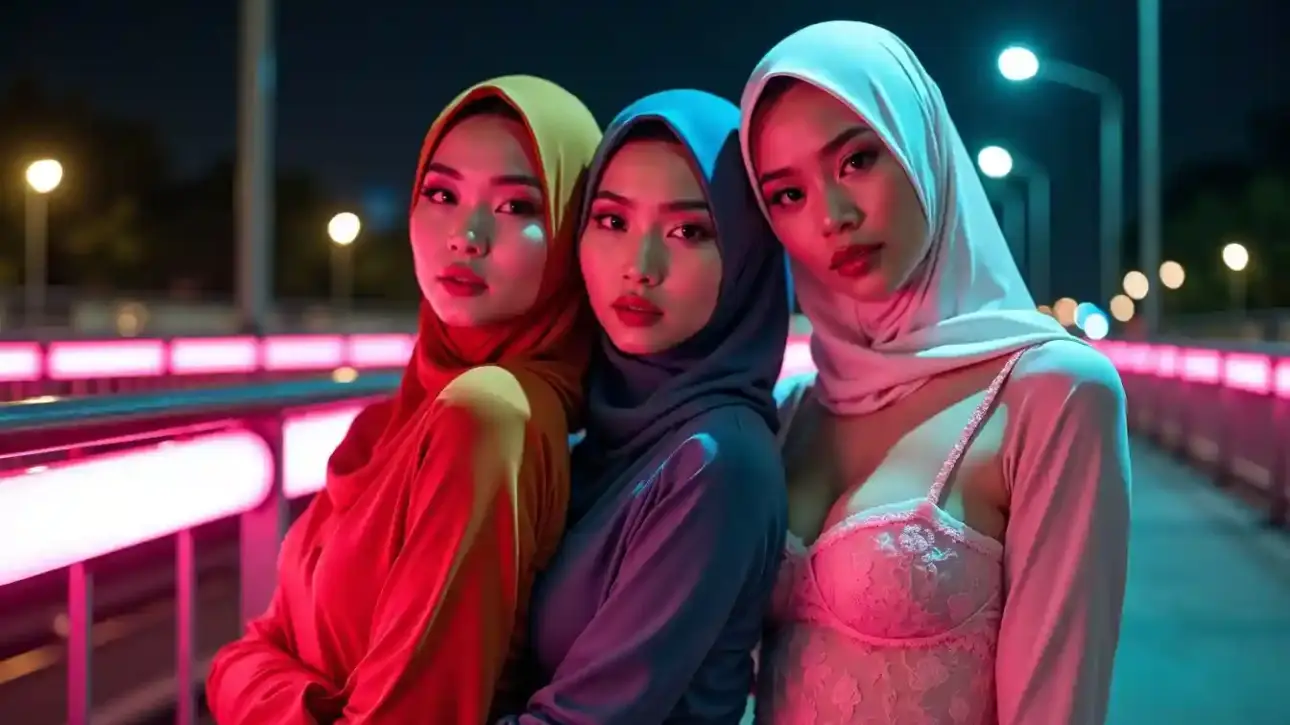 Three young women in colorful hijabs posing at night on a bridge with neon lights.