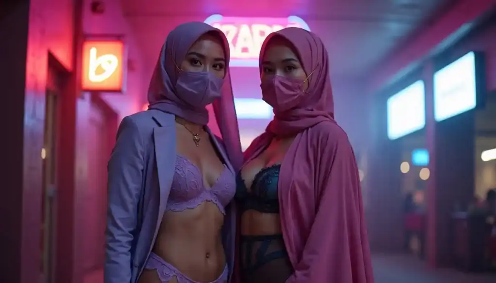 Two women in hijabs and face masks pose in a neon-lit urban setting.