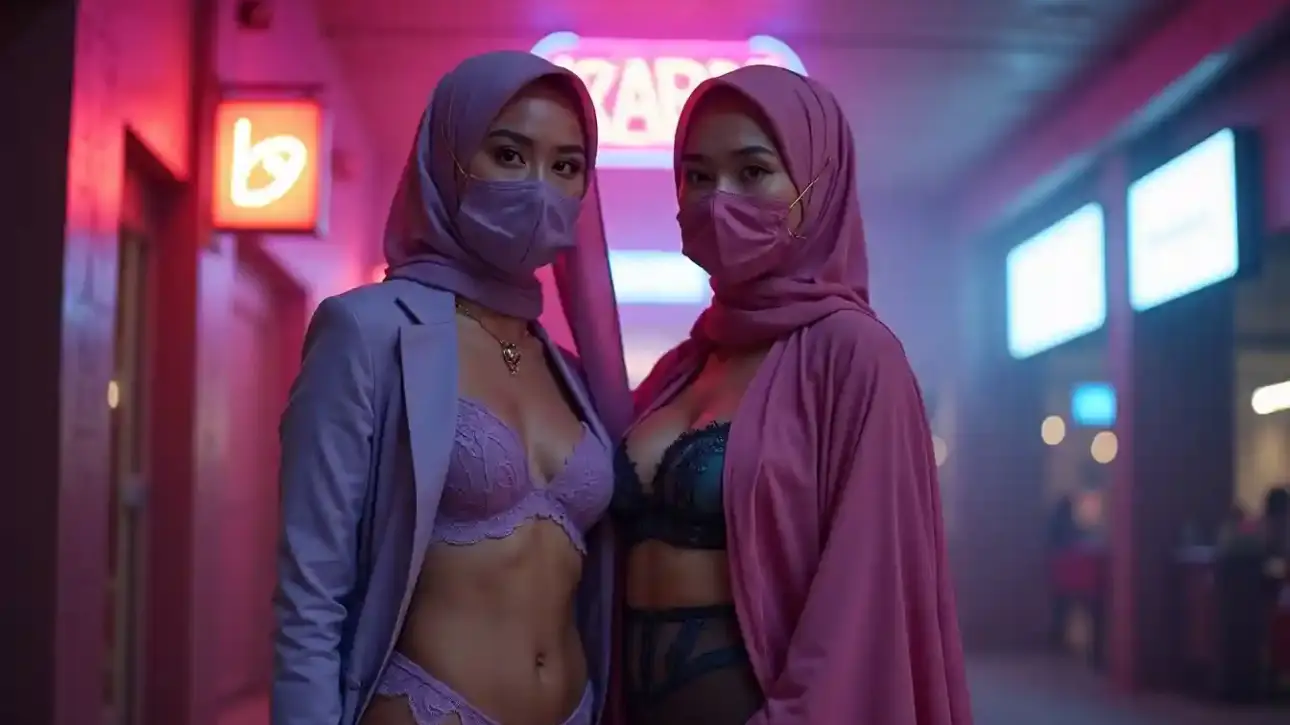 Two women in hijabs and face masks pose in a neon-lit urban setting.