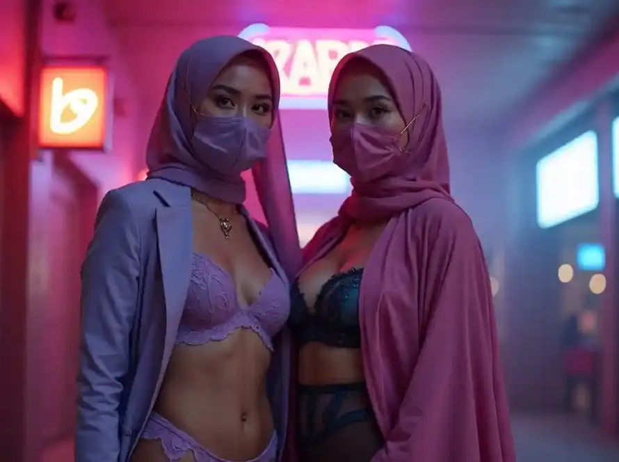 Two women in hijabs and face masks pose in a neon-lit urban setting.
