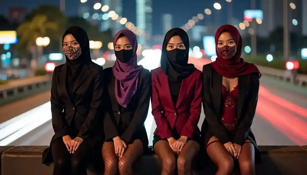 Four women in hijabs and masks sit on a barrier with city lights in the background.