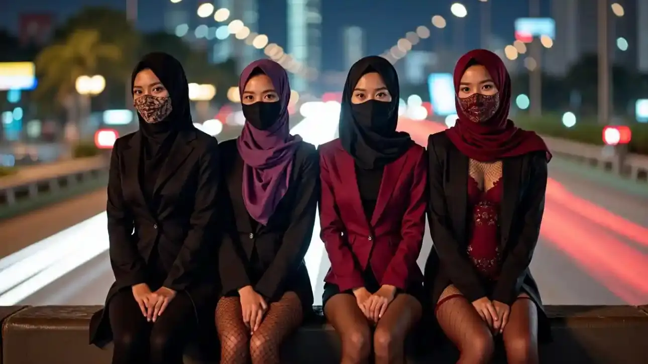 Four women in hijabs and masks sit on a barrier with city lights in the background.
