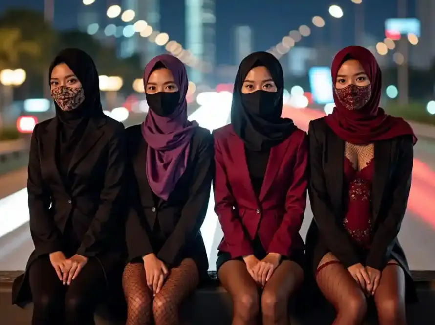 Four women in hijabs and masks sit on a barrier with city lights in the background.