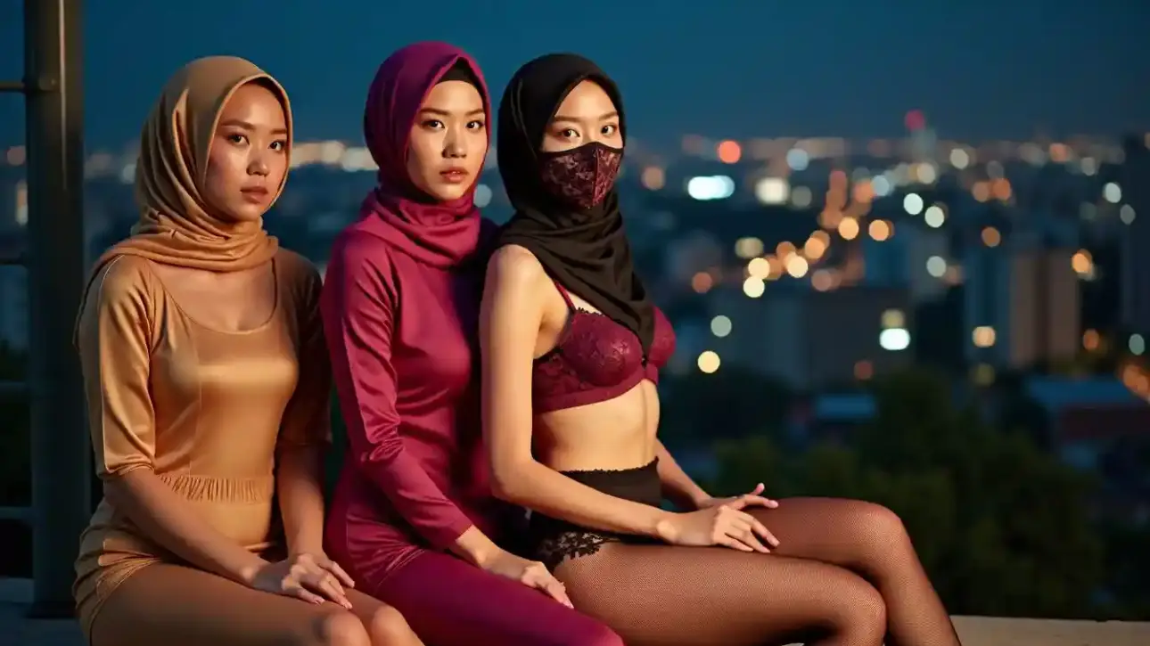 Three women in hijabs posing outdoors at dusk with city lights in background