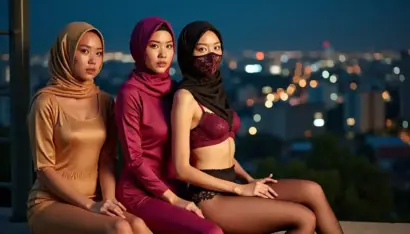Three women in hijabs posing outdoors at dusk with city lights in background