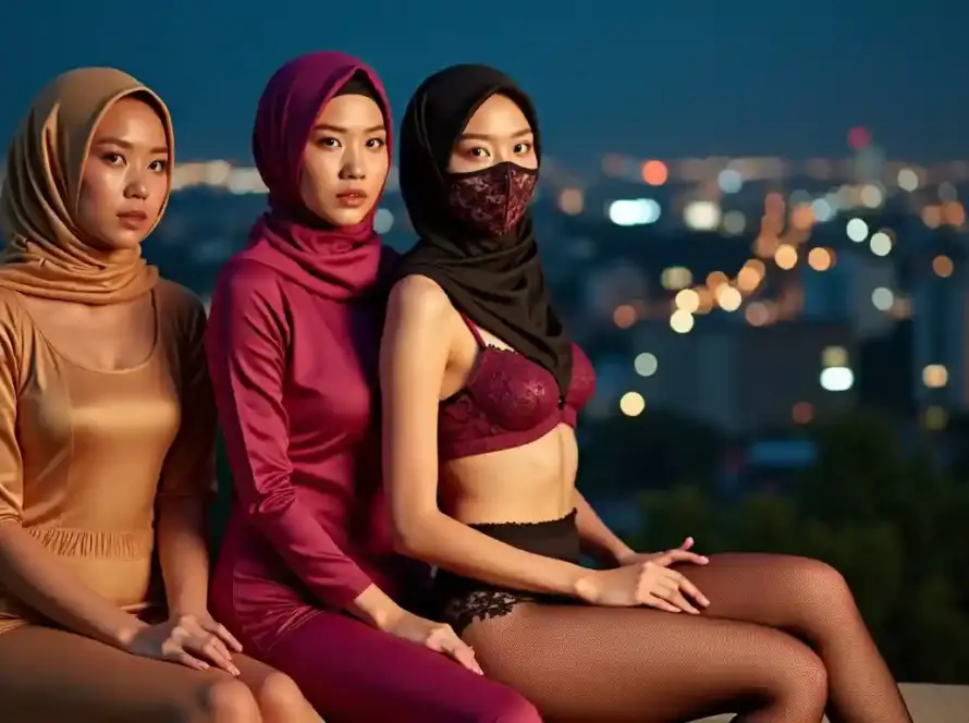 Three women in hijabs posing outdoors at dusk with city lights in background
