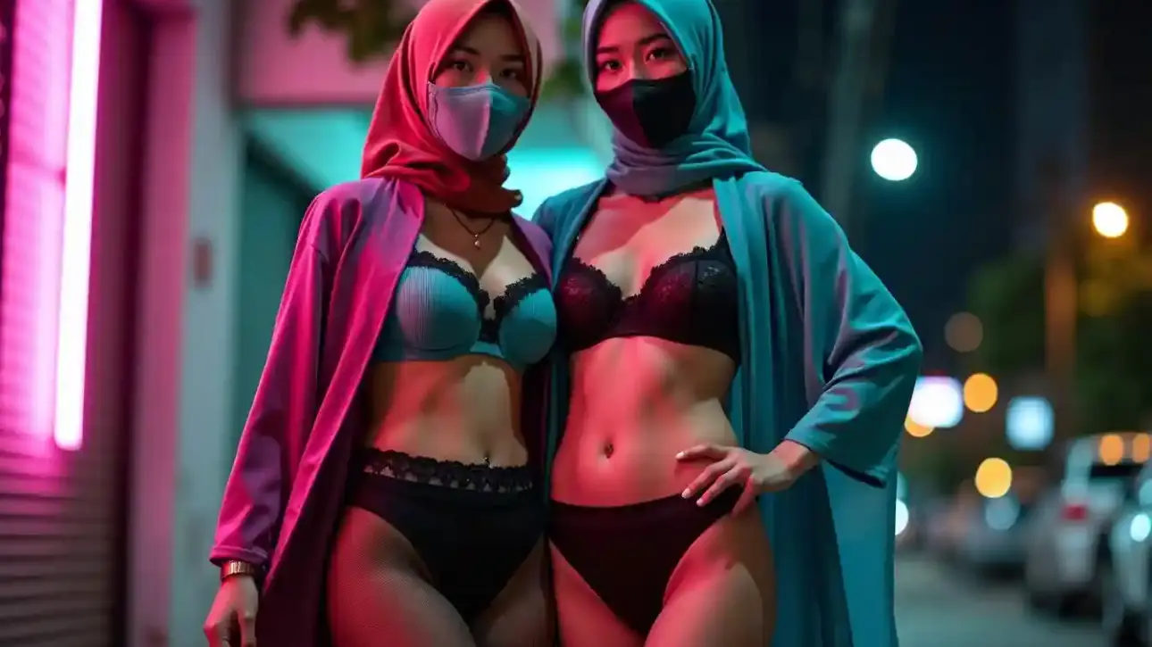 Two women in hijabs and masks wearing lingerie outdoors at night.