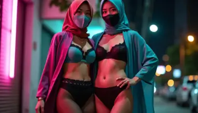 Two women in hijabs and masks wearing lingerie outdoors at night.