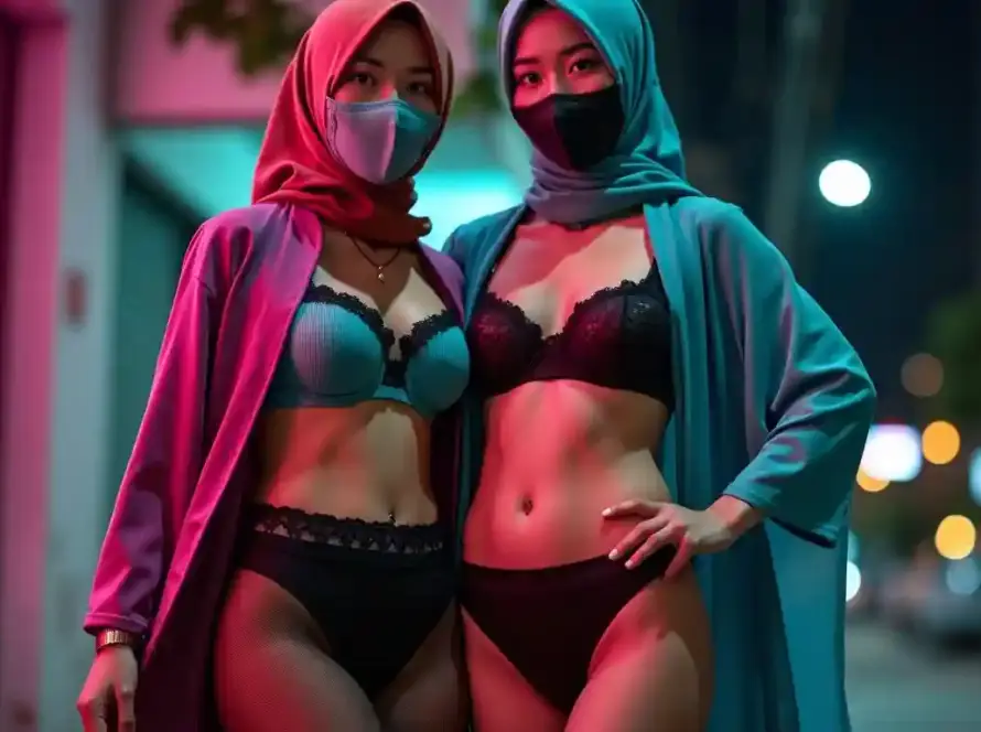 Two women in hijabs and masks wearing lingerie outdoors at night.