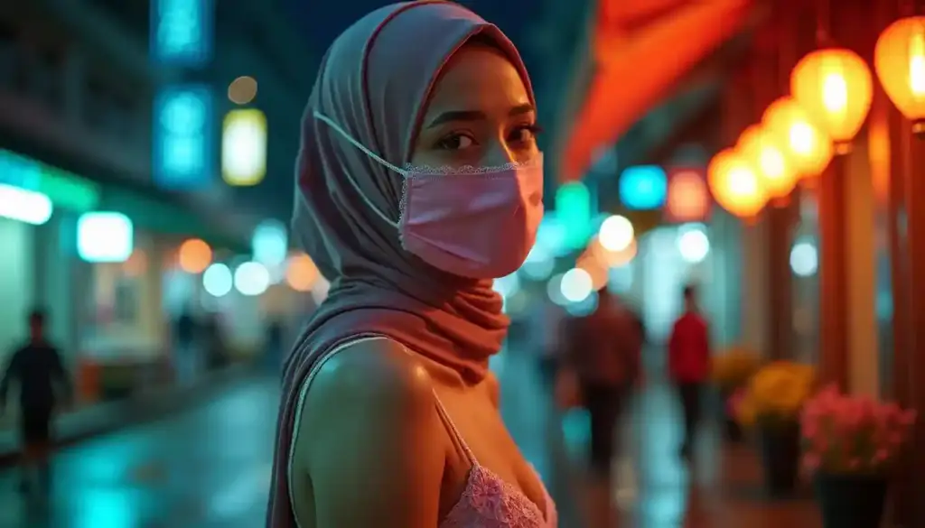 Woman in pink hijab and mask on a city street at night