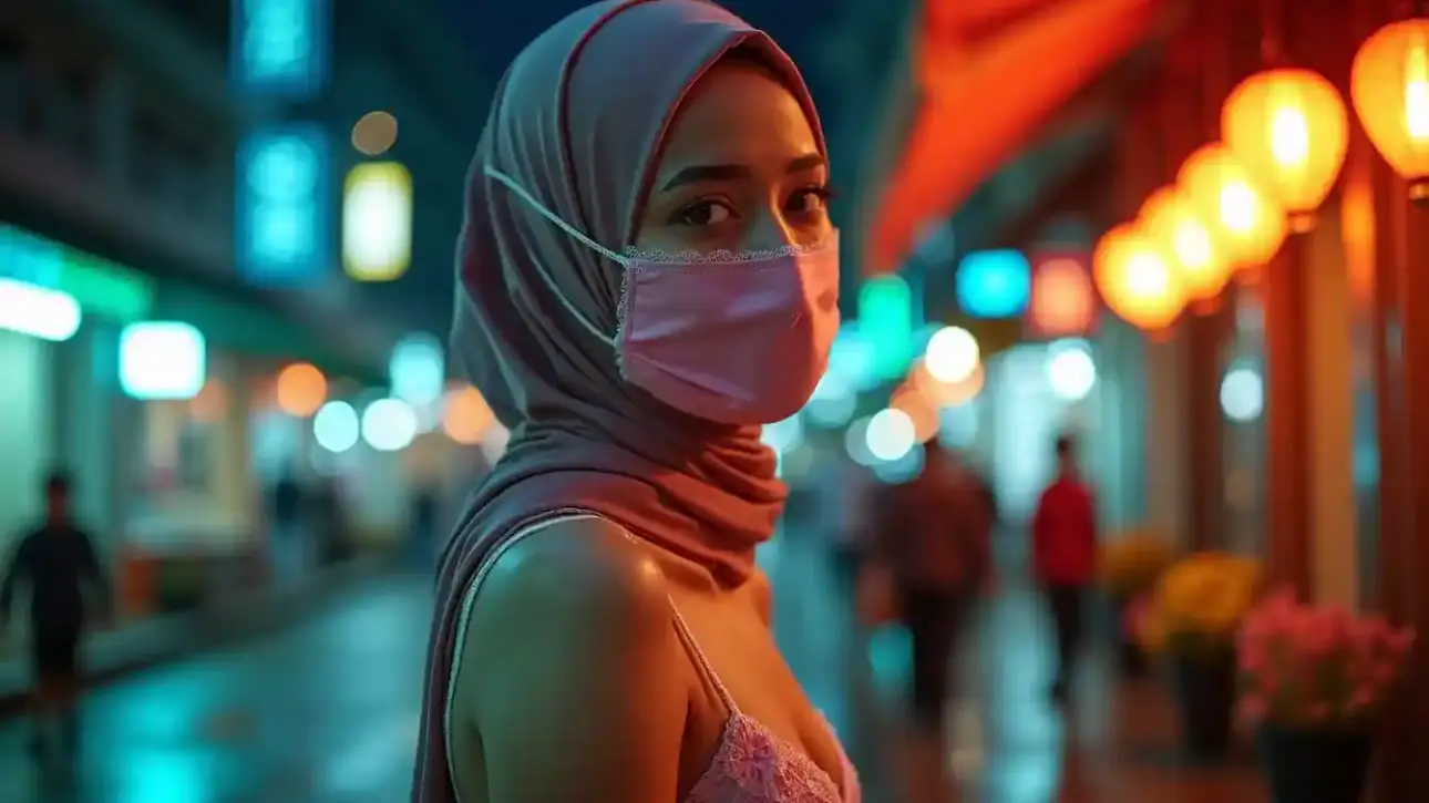 Woman in pink hijab and mask on a city street at night