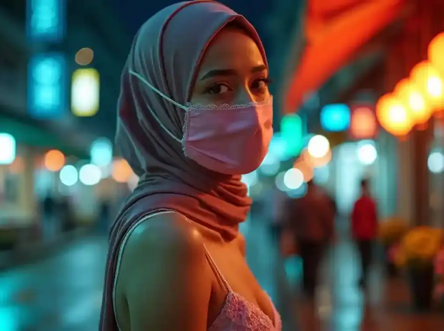 Woman in pink hijab and mask on a city street at night