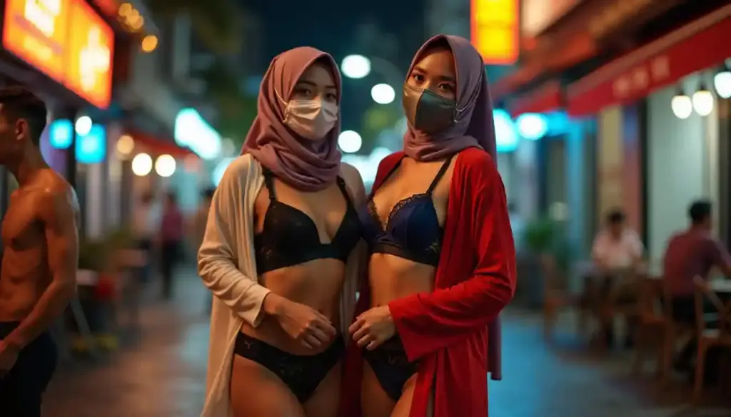 Two women in hijabs and masks pose outdoors at night, wearing lingerie.