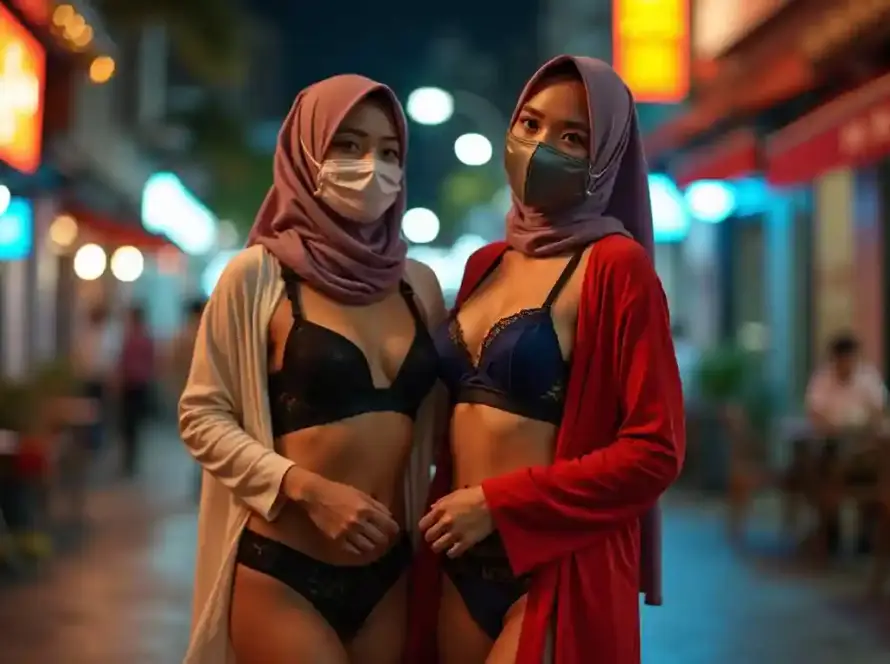 Two women in hijabs and masks pose outdoors at night, wearing lingerie.